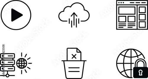 Web technology and cloud computing outline icon set, play button, upload cloud, website layout, data server, security vector