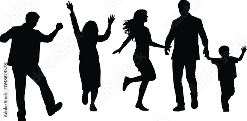 Happy family silhouettes jumping together, parents and child celebration, joyful people lifestyle concept, love bonding moment, playful family illustration