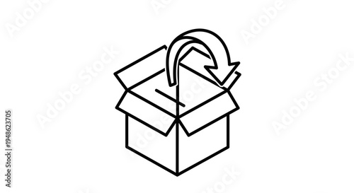 Open cardboard box with arrow indicating return or recycling