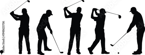golf swing silhouette sequence, golfer swing motion, golf player action, sports training concept, isolated black silhouette, white background, professional golfer