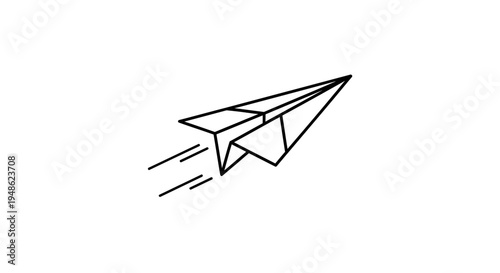 Origami paper airplane flying with speed lines, simple black and white illustration