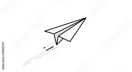 Origami paper airplane flying with motion trail, minimalist line art, symbolizing travel, dreams, and ideas.
