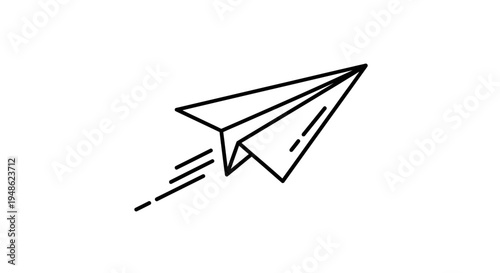 Origami paper airplane flying with motion lines, simple line art icon, vector illustration