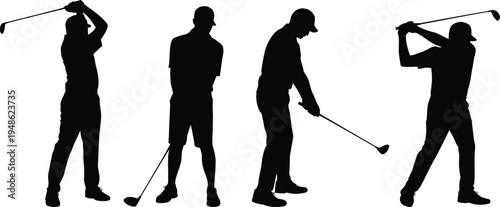 golf player silhouette set, golfer swing poses, golf club action, professional golf sport concept, isolated athlete silhouettes, white background