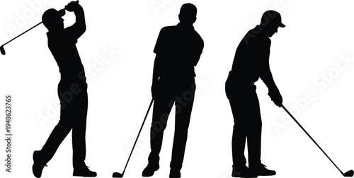golf player silhouette collection, golfer swing action poses, professional golf sport concept, athlete training activity, isolated black silhouettes, white background
