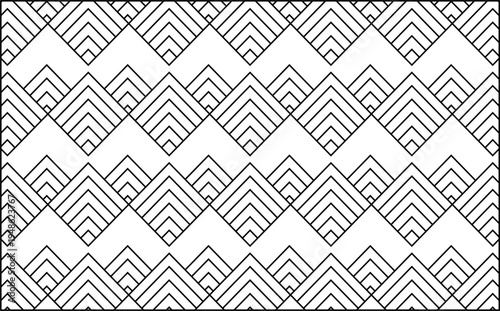 A modern seamless pattern featuring repetitive linear geometric diamonds and zigzag shapes in a clean black and white minimalist style.