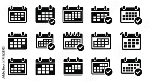 Collection of black calendar icons showing different dates and checkmarks