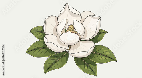 Magnolia Flower Illustration: Elegant White Blossom with Green Leaves on Light Background