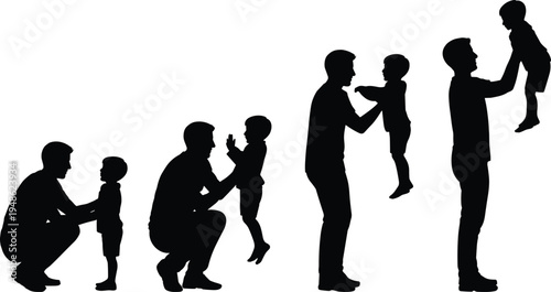 father and child silhouettes, parenting moments collection, dad lifting baby, family love concept, parent child bonding illustration set