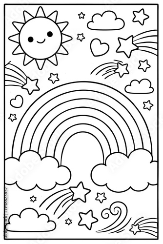 Cute cartoon black and white vector line art illustration featuring a smiling sun, bright rainbow arches, fluffy clouds, and shooting stars.