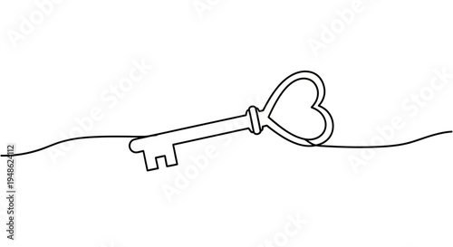 Heart Shaped Key Symbolizing Love, Romance, and Security - Minimalist Line Art