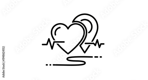 Heartbeat EKG Line and Location Pin Icon: Health Care, Medical Navigation, Wellness Journey
