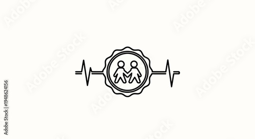 Heartbeat line with couple holding hands inside a badge, symbolizing love and health