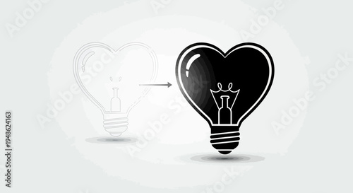 Heart-shaped light bulb idea transformation, from sketch to bright illumination