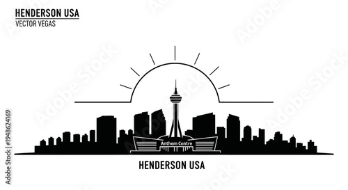 Henderson USA Skyline Silhouette with Sunburst - Vector Vegas Landmark