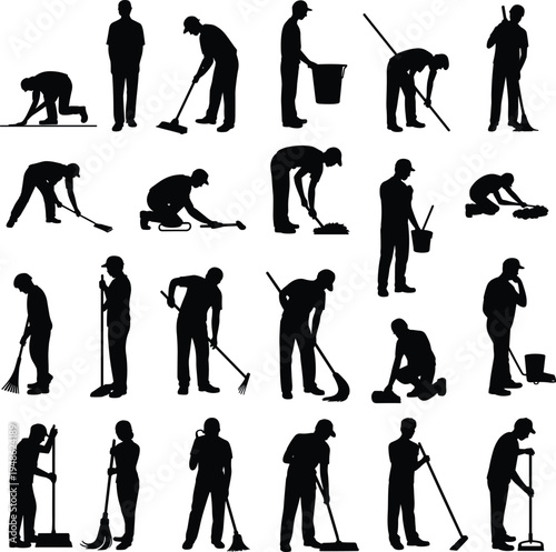 Collection of janitor worker silhouettes cleaning floor, housekeeping staff with mop broom bucket tools, black vector illustration isolated set