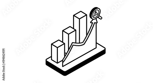 Isometric Bar Chart with Upward Trend Line and Magnifying Glass, Business Growth Concept