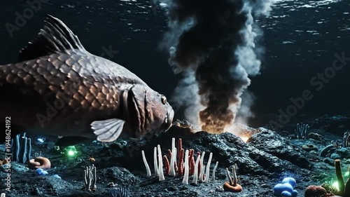 Deep sea fish swimming near hydrothermal vent