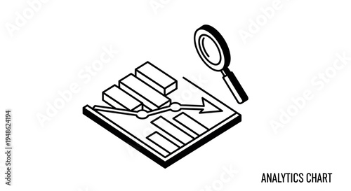 Isometric analytics chart with magnifying glass, business growth and data analysis concept