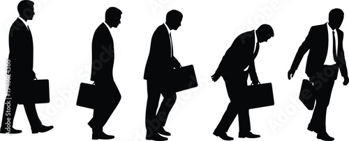 businessman walking silhouette sequence, corporate professional carrying briefcase, office worker movement stages, business career concept, workplace lifestyle illustration