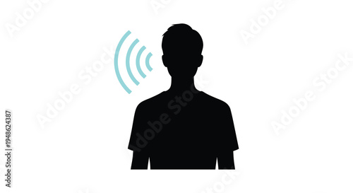 Silhouette of a person speaking with teal sound waves emanating from their mouth