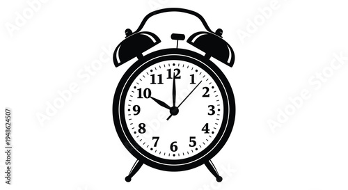 A black and white illustration of a classic alarm clock showing approximately 10 10