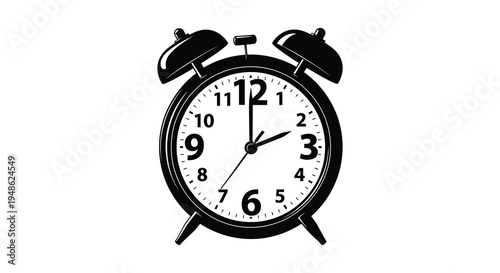 Classic black alarm clock displaying approximately 6 30 isolated on a white background