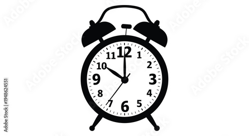 A black and white illustration of a classic alarm clock showing approximately 6 30