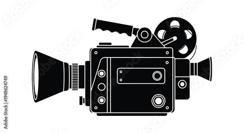 A black silhouette of a vintage super 8 film camera with a reel