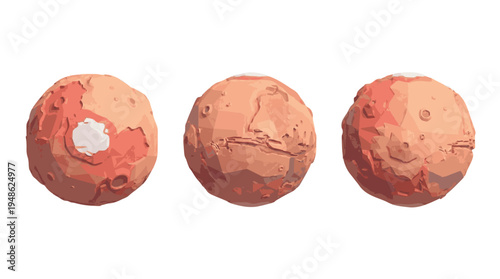 Three stylized low-poly illustrations of the planet Mars, showcasing its distinct reddish-orange surface and polar ice cap