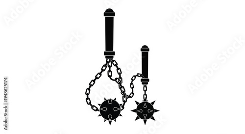 Two medieval flails with spiked balls connected by chains isolated on white