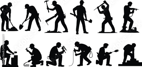 Construction worker silhouettes collection, builders and craftsmen with tools, manual labor activities set, industrial workforce concept, engineering and maintenance workers, isolated vector 