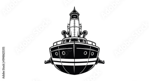 Vintage steamboat illustration with a detailed smokestack and symmetrical design