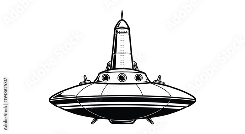 Vintage style illustration of a retro rocket ship and flying saucer combination