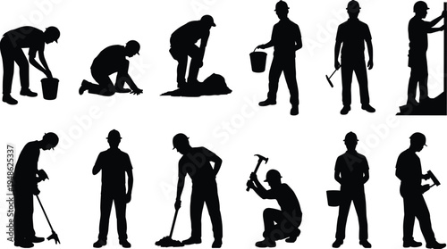 Construction worker silhouettes collection, builders with tools and equipment, manual labor poses, industrial workforce concept, handyman activities, engineering workers, isolated vector illustration