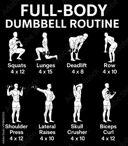 Fitness Guide Illustrating Different Muscle Groups Exercise with Dumbbells.