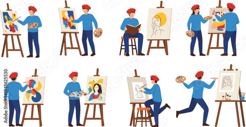 Artist painting on canvas, painter with easel and palette, creative art process, studio illustration, abstract portrait painting collection vector