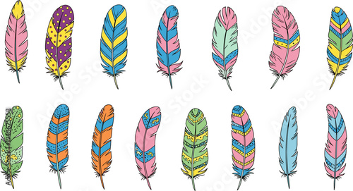 Colorful feather set, boho tribal decorative feathers collection with ethnic patterns, hand drawn bohemian vector illustration bundle