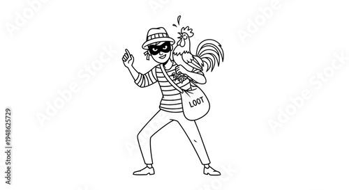 Funny Thief Stealing a Rooster with a Loot Bag
