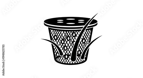 Hair in trash can icon, hair loss concept, black and white vector graphic