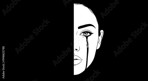 Half Face Woman Crying Black and White Dramatic Portrait