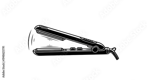 Hair Straightener Icon, Flat Iron, Hair Styling Tool, Black and White Illustration