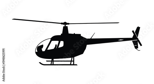 Black silhouette of a helicopter in profile showcasing its rotor and fuselage design