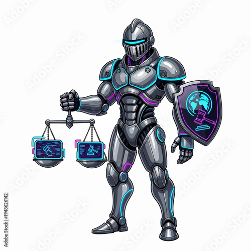 Armored knight with balance scale and shield
