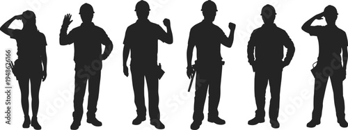 Construction worker silhouettes standing poses, builders and engineers team, industrial workforce concept, manual labor professionals, safety helmet workers, isolated vector illustration set