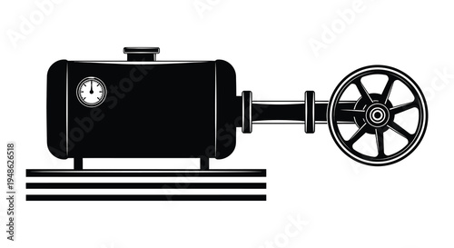 Black and white illustration of a vintage train engine with a gauge and wheel