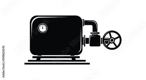 Black and white illustration of a vintage industrial air compressor with a gauge