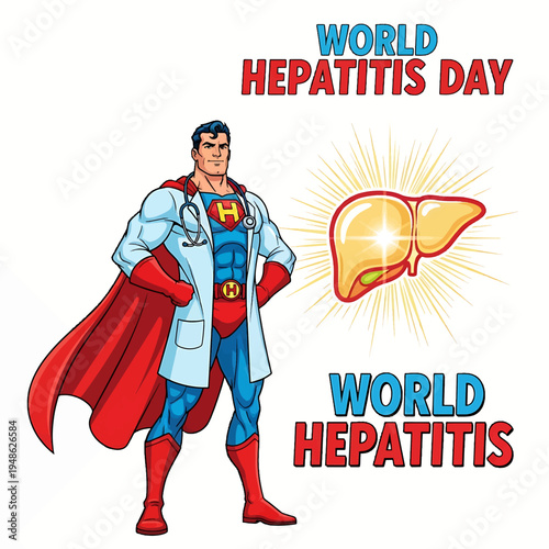 Hero Doctor with Liver illustration for World Hepatitis Day