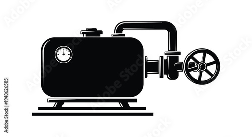 Black and white illustration of a vintage steam engine or boiler with a wheel