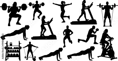 Fitness gym silhouettes , Fitness exercise silhouettes
